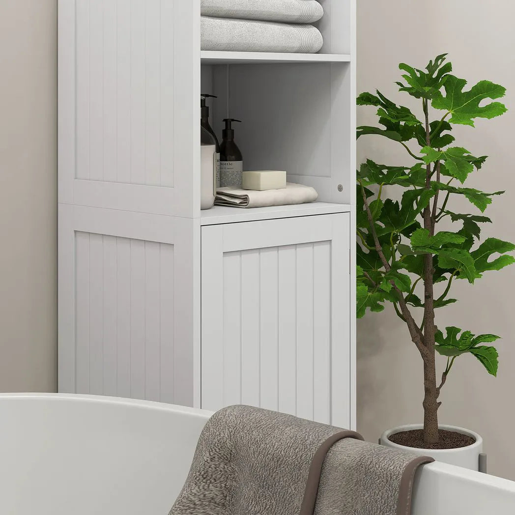 HOMCOM Slim Tall Bathroom Storage Cabinet with 3 Open Shelves and Adjustable Shelf – Space-Saving, White