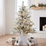 HOMCOM 4ft Pre-Lit Flocked Christmas Tree with 160 Warm White LEDs and 8 Modes – Snow Spruce, Green
