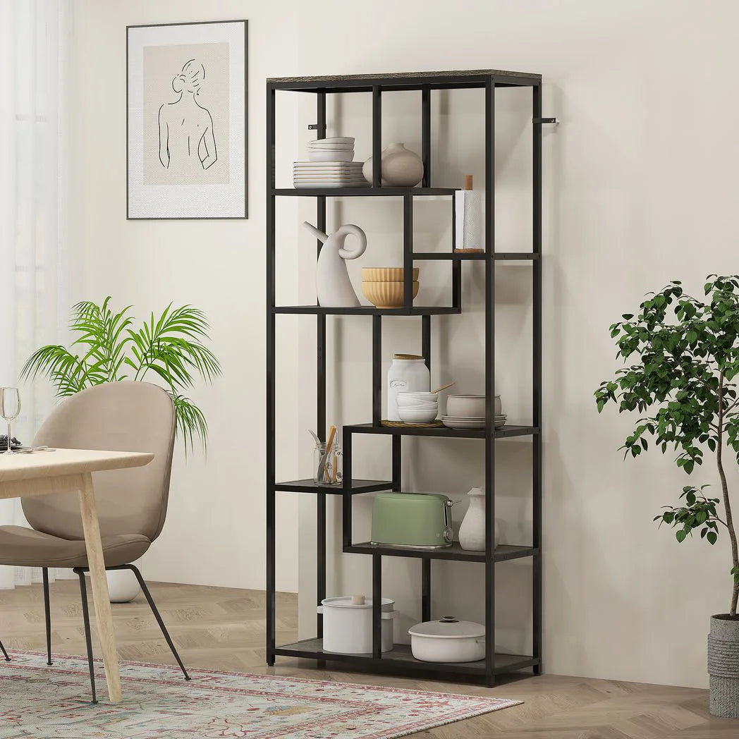 HOMCOM Seven-Tier Geometric Bookcase with Asymmetrical Open Shelves and Anti-Tipping Device – Grey and Black