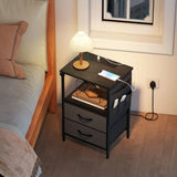 HOMCOM Slim Bedside Table with Charging Station – AC Outlets, USB-A & USB-C, Two Fabric Drawers, Black