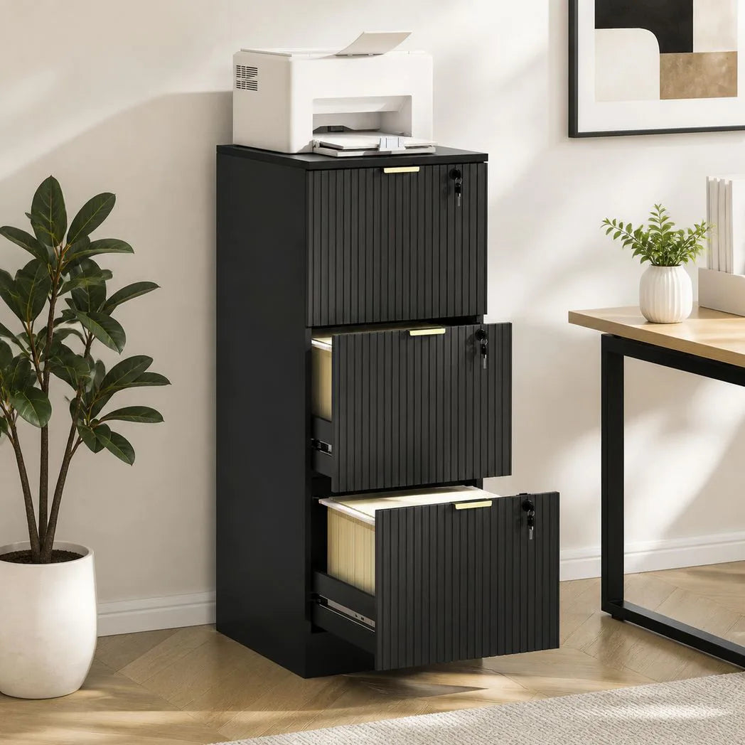 HOMCOM Filing Cabinet with 3 Lockable Drawers and Hanging Rails – Fluted Vertical A4 File Storage, Black