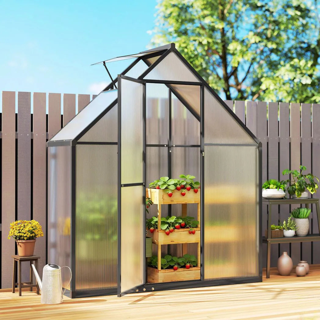Outsunny 5.5 x 2ft Polycarbonate Walk-In Greenhouse with Push Door, Roof Vent & Rain Gutter – Quick Setup, Black