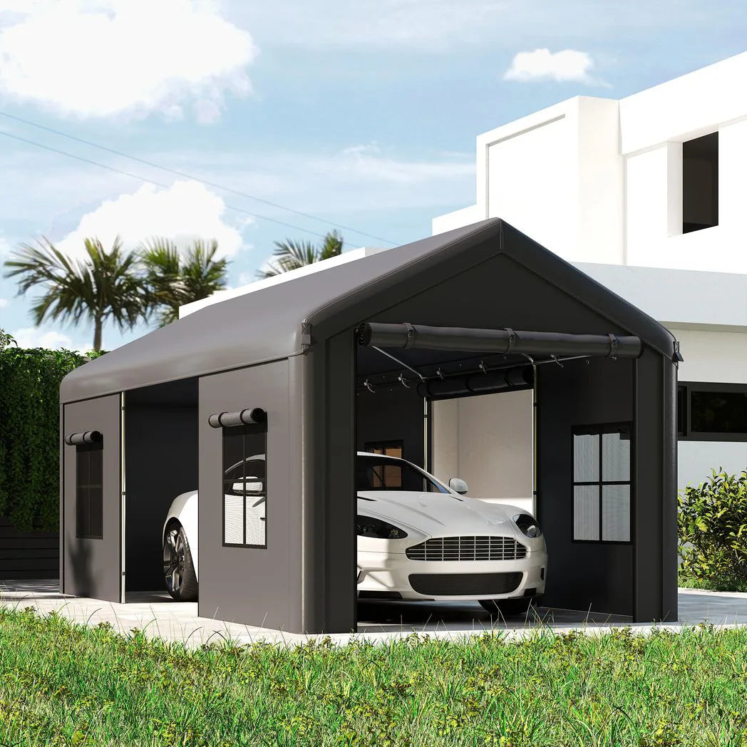Outsunny Heavy Duty Carport 3 x 6 m – Portable Garage Canopy Tent with Galvanised Steel Frame, Doors & Windows, Dark Grey