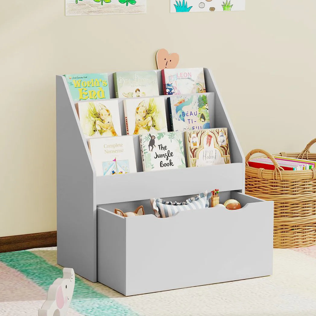 AIYAPLAY Kids Bookcase with 3 Shelves & Wheeled Drawer, Anti-Tip Device – Toy Storage for Playroom, Grey