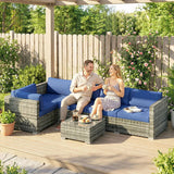 Outsunny 4 Piece Rattan Garden Corner Sofa Set with Glass-Top Coffee Table & Cushions, Blue
