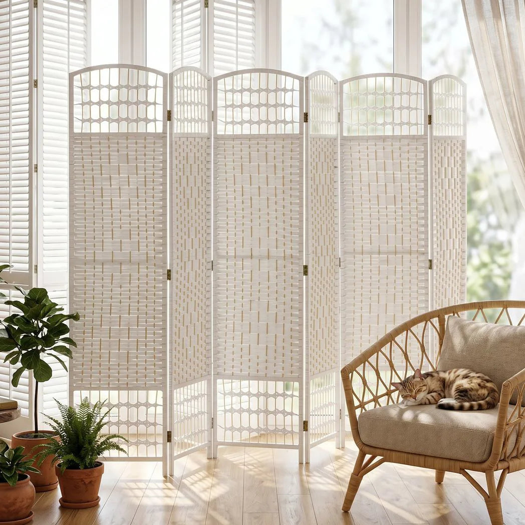 HOMCOM 6 Panel Folding Room Divider, Hand-Woven Paper Rope & Bamboo – Privacy Screen, White