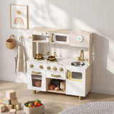 AIYAPLAY Play Kitchen with Rotating Coffee Machine, Stove and Storage Shelf – Kids Playset, Ages 3-6, White