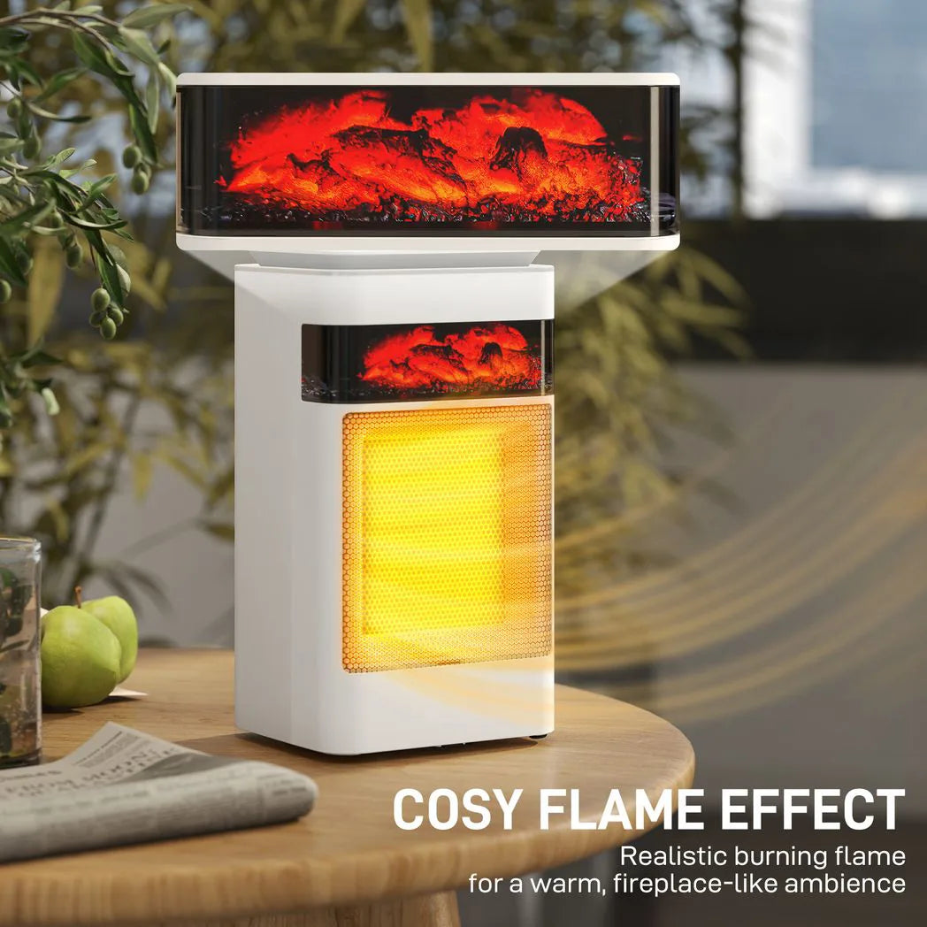 HOMCOM 1500W Ceramic Fan Heater with 3 Modes, 24H Timer, Flame Effect and Oscillation – Bedroom Heater, White