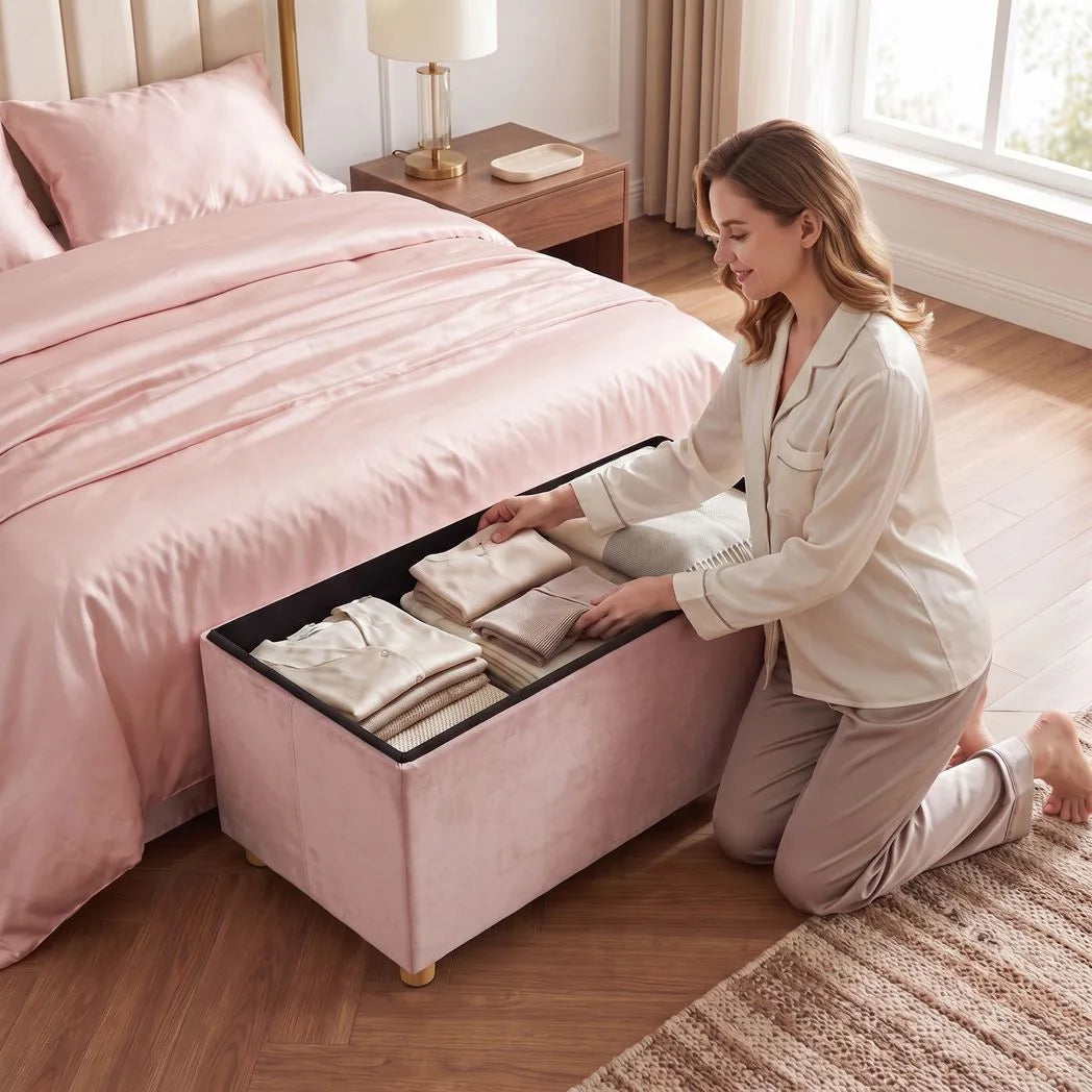 HOMCOM Velvet Upholstered Foldable Storage Ottoman Bench with Wood Legs – Footrest for Living Room, Pink