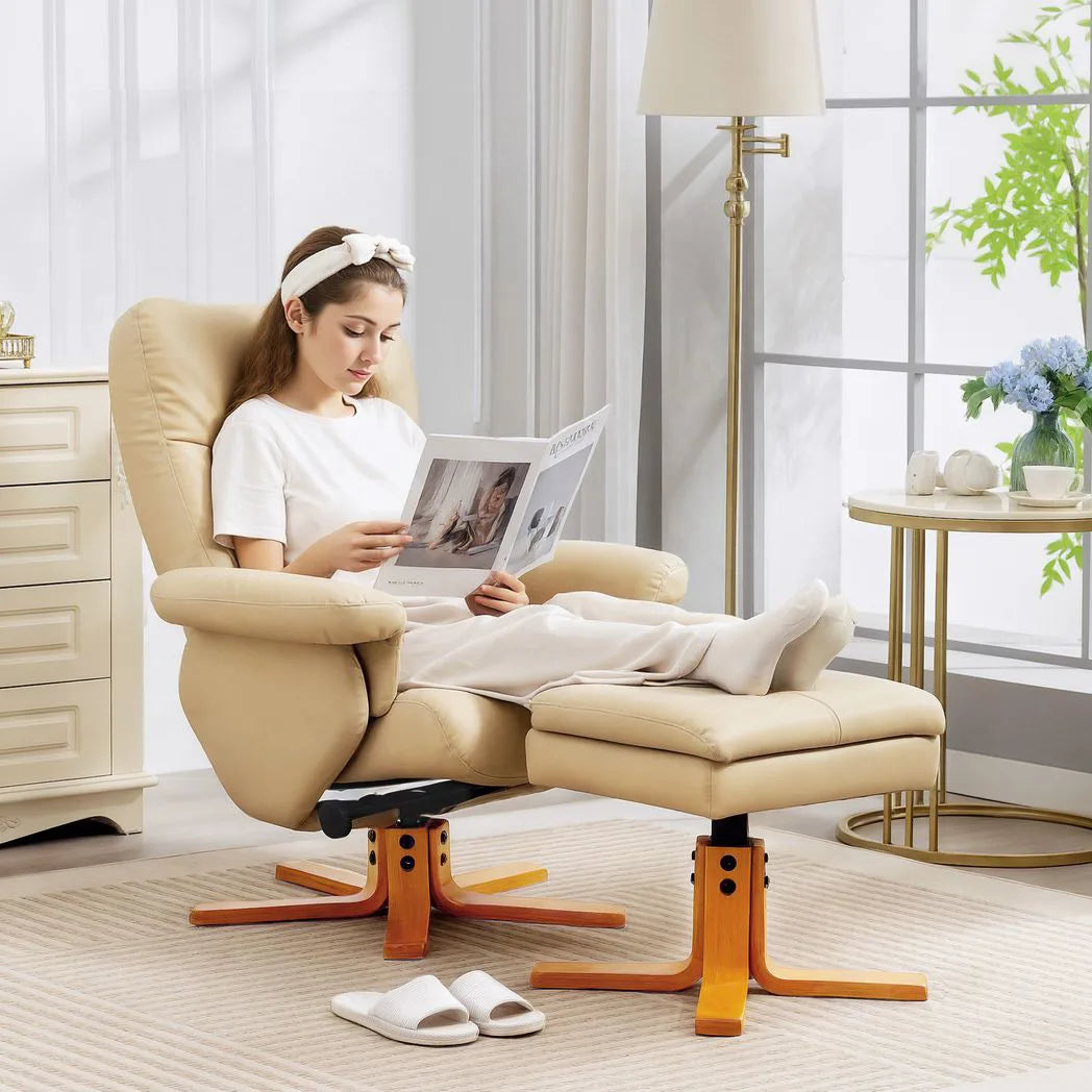 HOMCOM PU Leather Swivel Recliner Chair with Storage Footstool and Wooden Base – Living Room Armchair, Beige