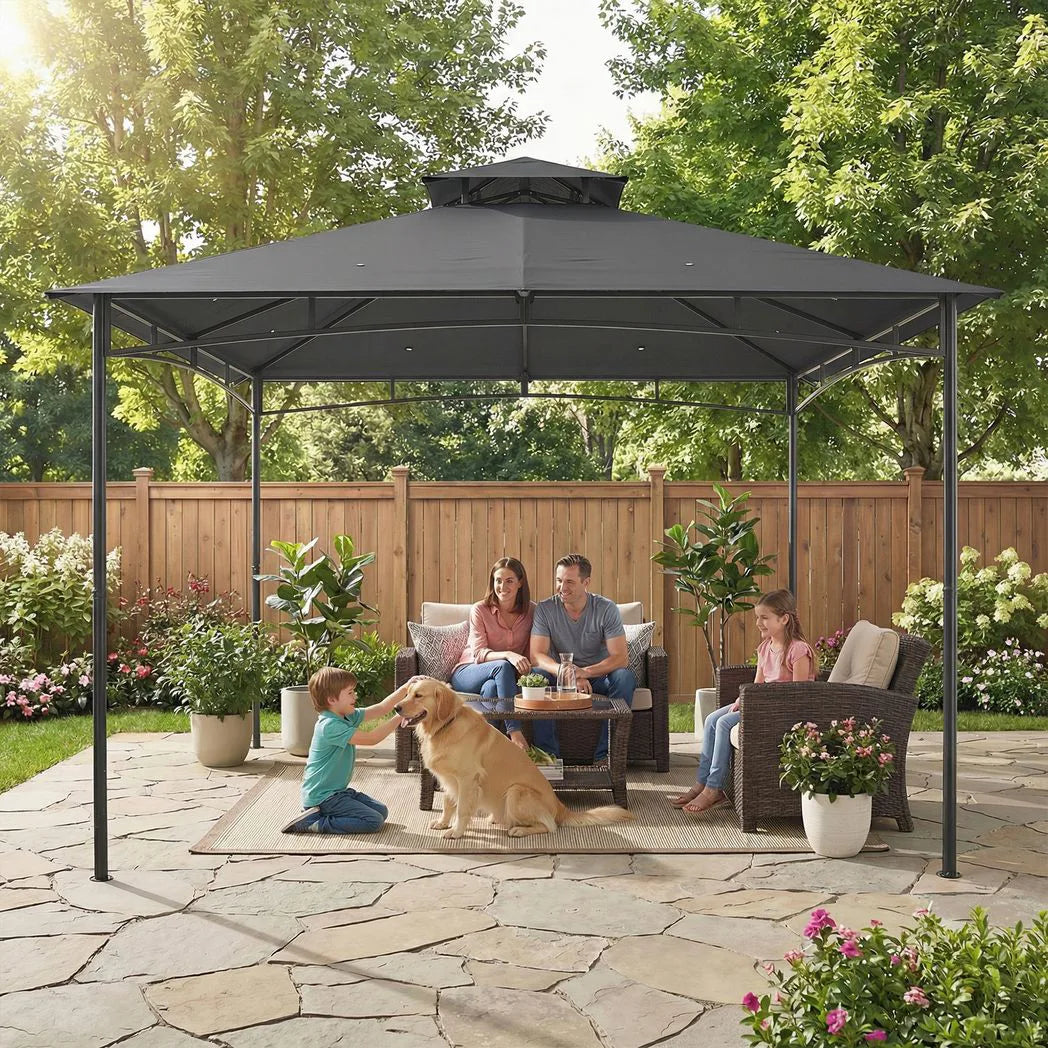 Outsunny 3 x 3 m Garden Gazebo with 2-Tier Roof, UPF 50 Fabric and Metal Frame – Outdoor Canopy Shelter, Dark Grey