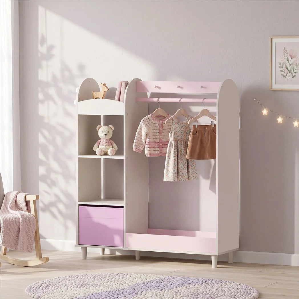 AIYAPLAY Kids Clothing Rack Wardrobe with Glowing Lights Mirror, Fabric Drawer and Shelves, Ages 3–8 – Bedroom, Pink