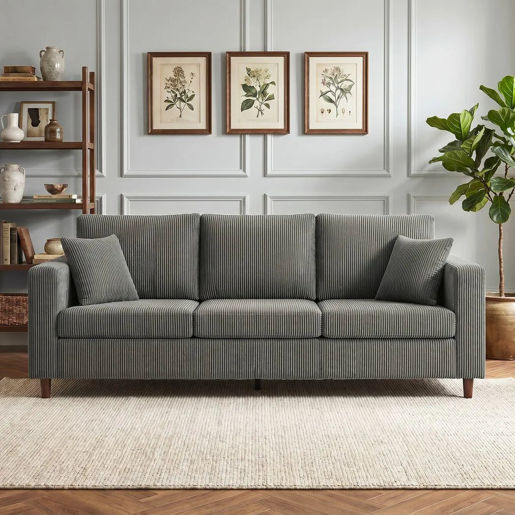 HOMCOM 3 Seater Corduroy Sofa with Extra-Wide 196cm Seat and Pocket Spring Cushions – Light Grey