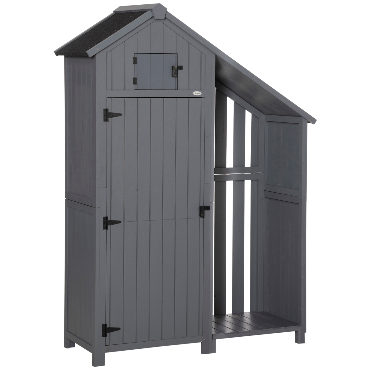 HOMCOM Wooden Garden Tool Storage Shed with 3 Shelves and Firewood Rack – Outdoor Fir Wood Storage, Grey
