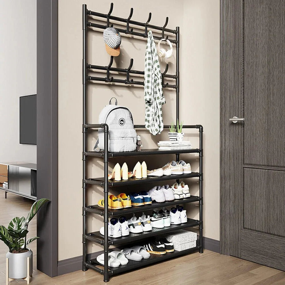 3-in-1 Metal Coat Stand with 8 Detachable Hooks & Shoe Shelves, 60 x 26 x 170cm, Black
