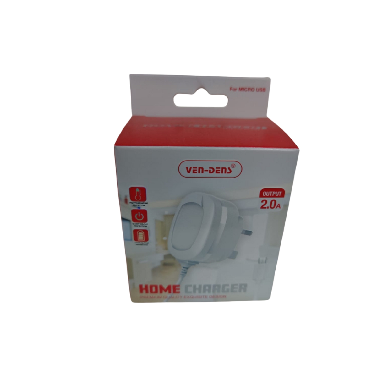 Ven-Dens Type-C 2A Wall Charger with Short Circuit Protection – 100-240V Home Charger, Fire Retardant Casing