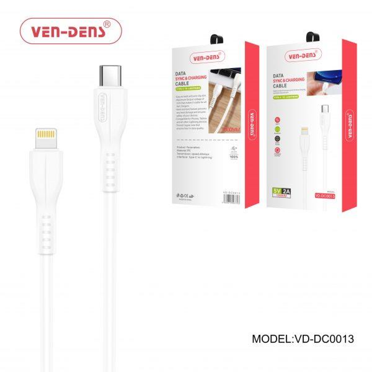 Ven-Dens USB-C to Lightning Charging Cable, 1m – 2A Fast Charging and Data Sync, White