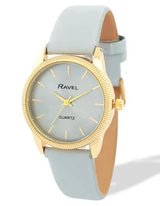 Ravel Ladies Round Gold-Tone Textured Bezel Watch with Grey Faux Leather Strap, 27mm
