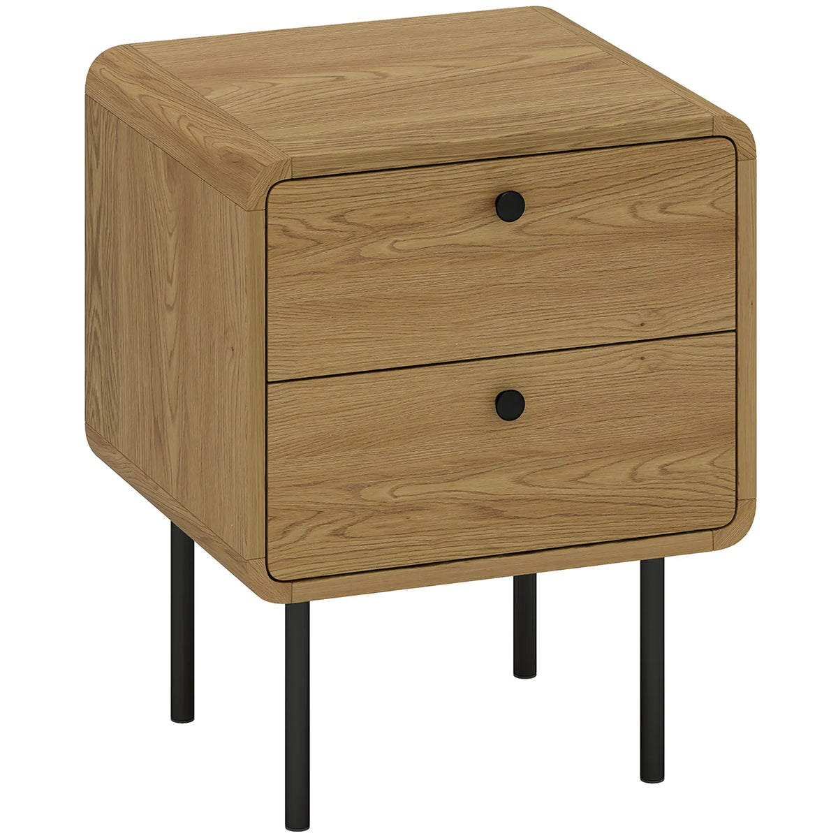HOMCOM Bedside Table with 2 Drawers and Steel Legs – Rounded Nightstand for Bedroom and Living Room, Oak