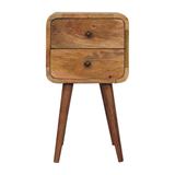 Artisan Furniture Solid Wood Mini Curved Bedside Table with 2 Drawers – Nordic Style, Oak-ish Brown