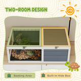 Wooden Tortoise House with Run, Adjustable Lamp Holder, Hide Box & Double Trays – Grey & White