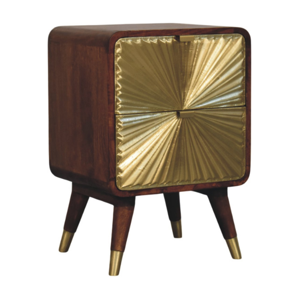 Artisan Furniture Solid Wood Avora Brass Embossed Nightstand with 2 Doors – Chestnut Finish, Brown and Gold