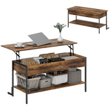 HOMCOM Industrial Lift Top Coffee Table with Hidden Storage Compartment & Open Shelf – Rustic Brown
