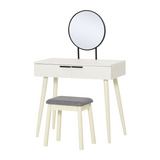 HOMCOM Dressing Table Set with Round Mirror, 2 Drawers and Cushioned Stool – Makeup Vanity Desk, White
