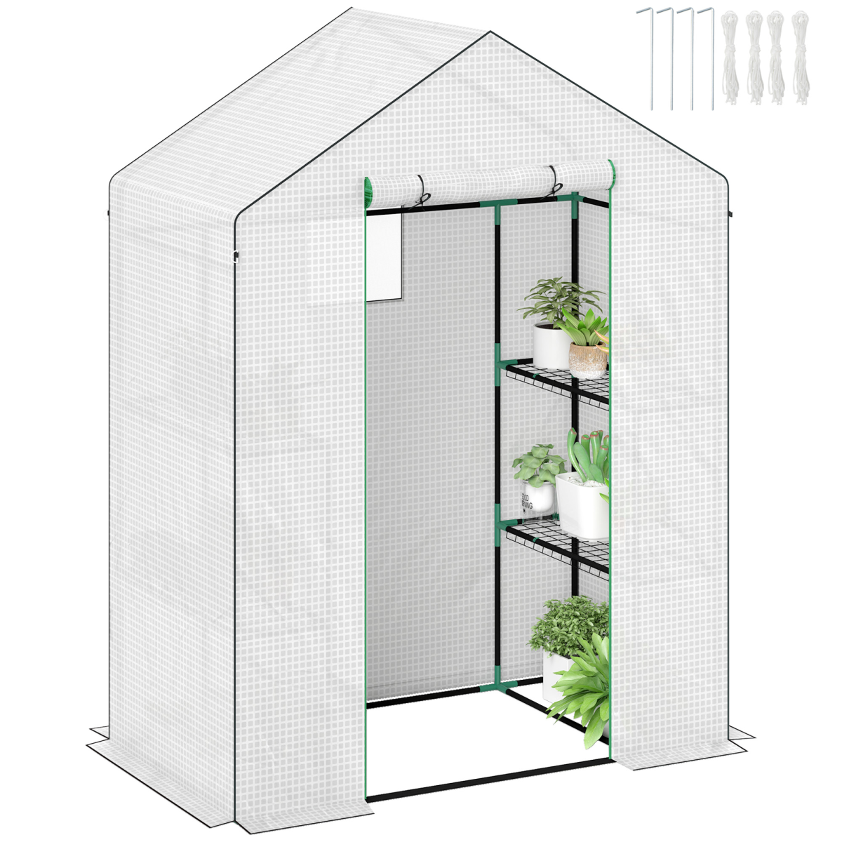 Outsunny Walk-in Greenhouse with 4 Shelves, UV-Resistant Cover & Roll-Up Zipped Door – Small Garden Greenhouse, White