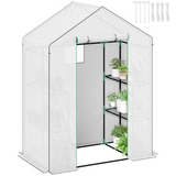 Outsunny Walk-in Greenhouse with 4 Shelves, UV-Resistant Cover & Roll-Up Zipped Door – Small Garden Greenhouse, White