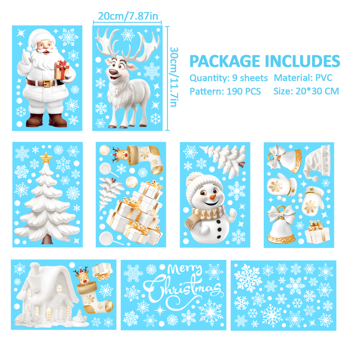 Nepfaivy Reusable Christmas Window Stickers, 190 Pcs – Double-Sided Static Window Clings, Snowflake & Reindeer