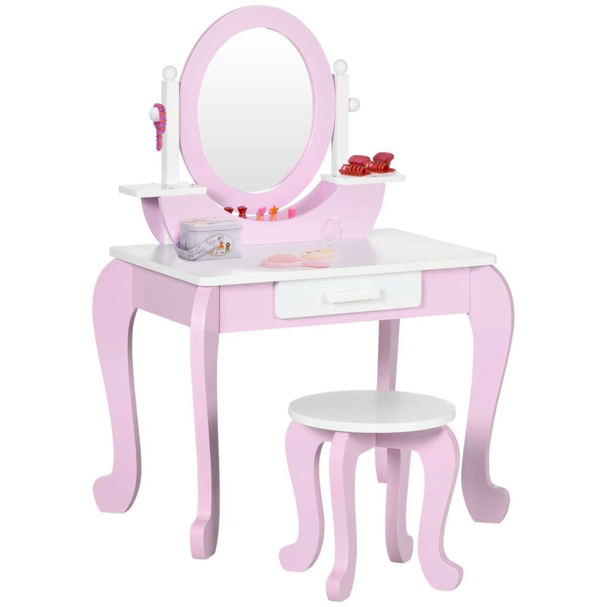 ZONEKIZ Kids Dressing Table with Mirror, Stool & Storage Drawer – Pink Vanity Set for Ages 3-6