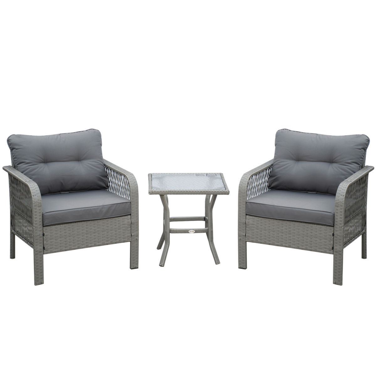 Outsunny 3-Piece PE Rattan Bistro Set with Two Armchairs, Cushions & Tempered Glass Table – Patio