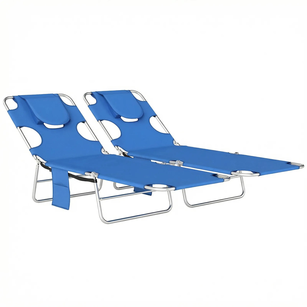 Outsunny Set of 2 Folding Sun Loungers, 5-Position Adjustable with Face Hole and Side Pocket, Blue