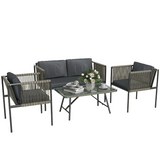 Outsunny 4 Seater Rattan Garden Furniture Set with Tempered Glass Coffee Table – Outdoor Sofa Set, Grey