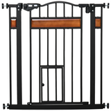 PawHut Auto-Close Dog Gate with Cat Door, 74–80cm Wide – Steel Pet Safety Gate for Stairs, Pine Decor