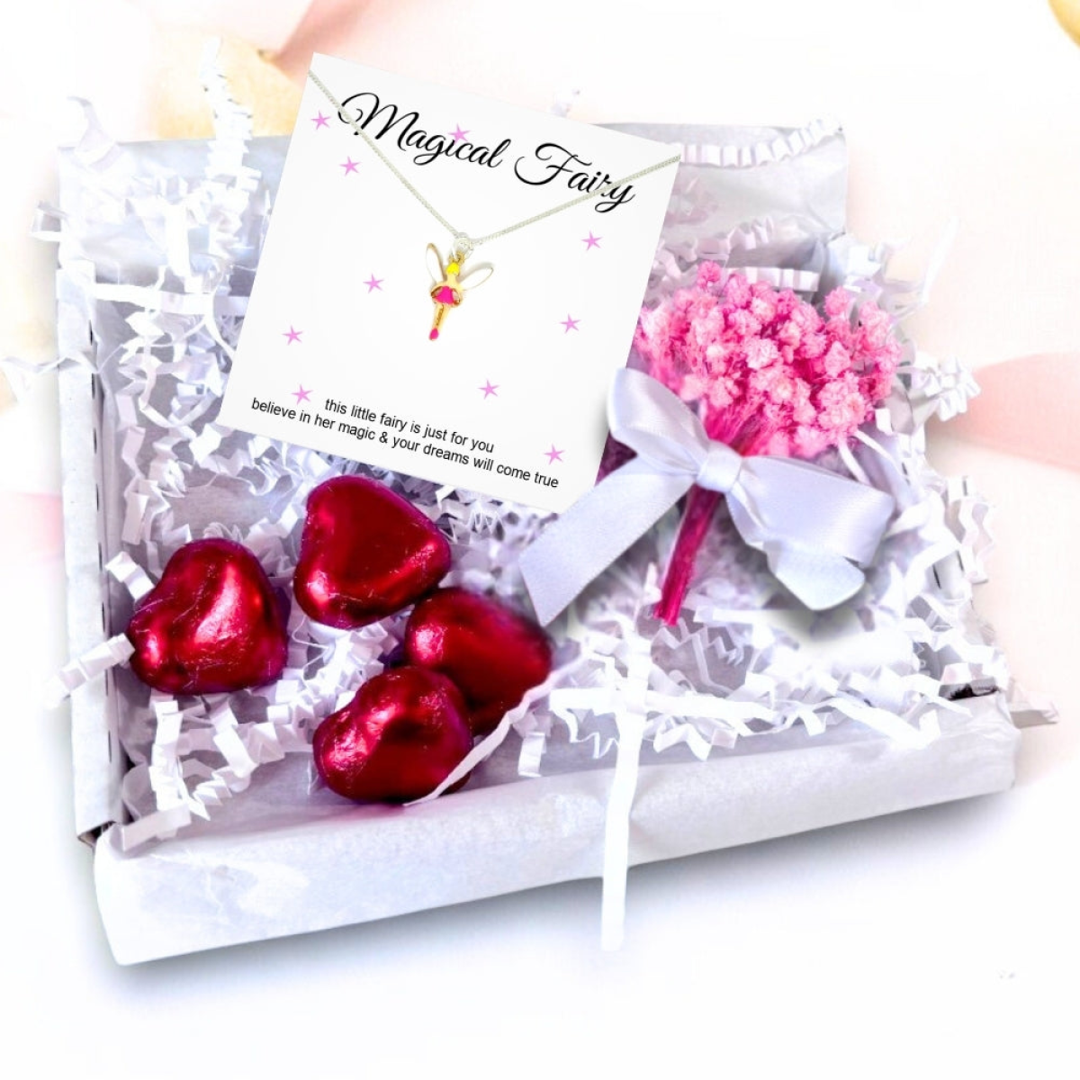 Aye Do Gifts Magical Fairy Girls Necklace Mini Gift Hamper with Dried Flower Bouquet & Chocolate Hearts