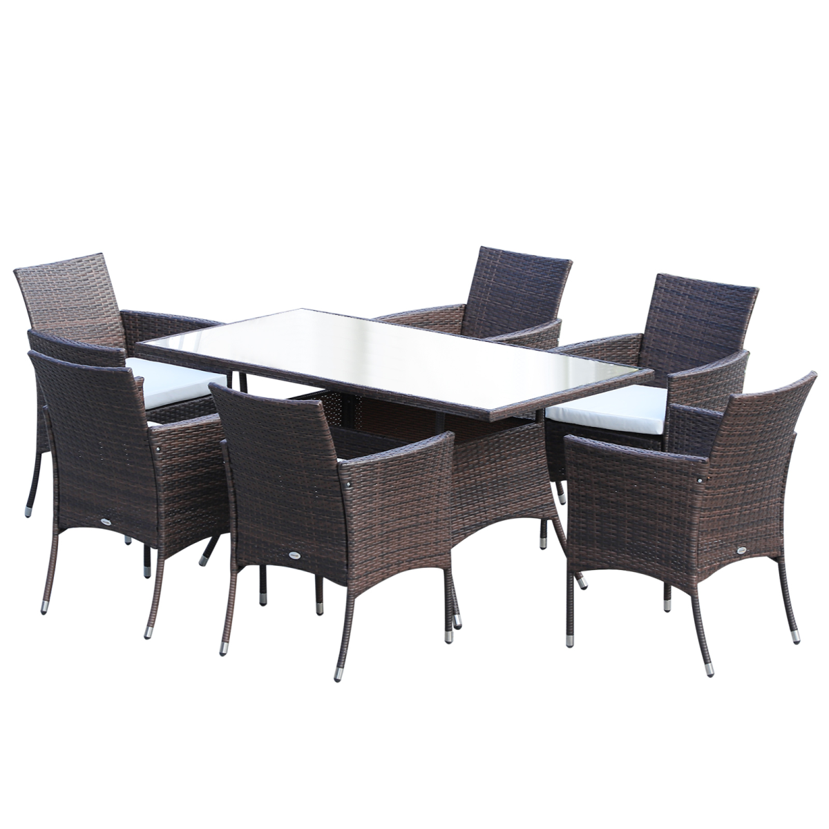 Outsunny 7-Piece Rattan Garden Dining Set with Rectangular Glass Table & 6 Chairs – Fire-Retardant Cushions, Outdoor Furniture