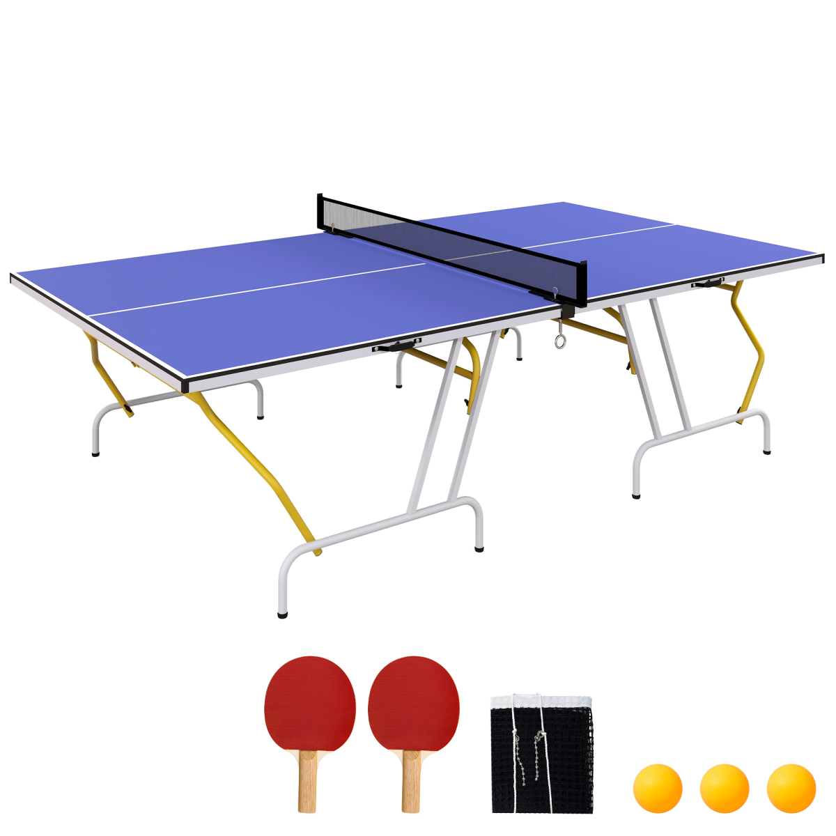 SPORTNOW 9ft Foldable Table Tennis Table with Cover, Net, Paddles & Balls – Compact Ping Pong Table, Blue