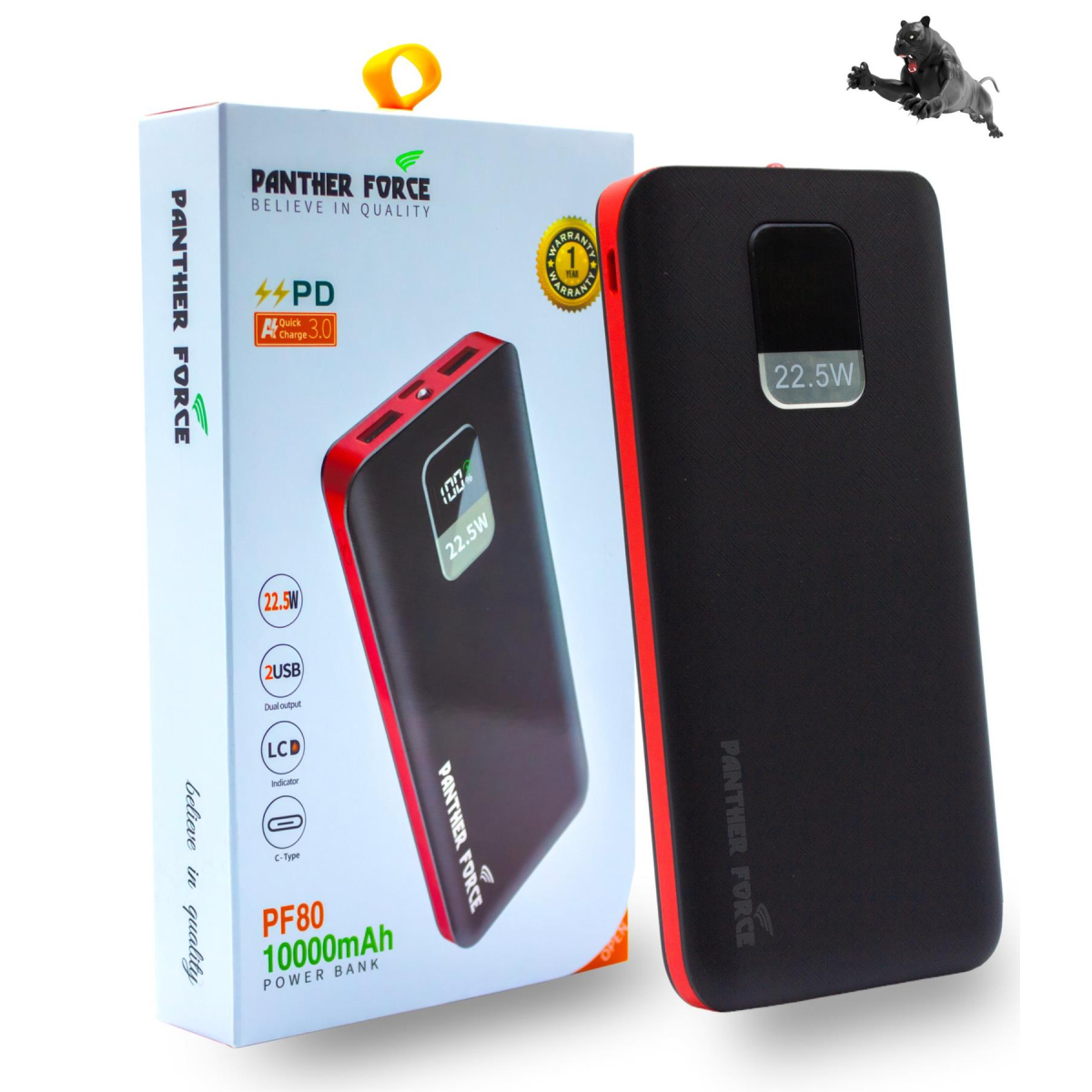 Panther Force 10000mAh Power Bank with PD3.0 22.5W Fast Charging, 2 USB Outputs & LCD Display