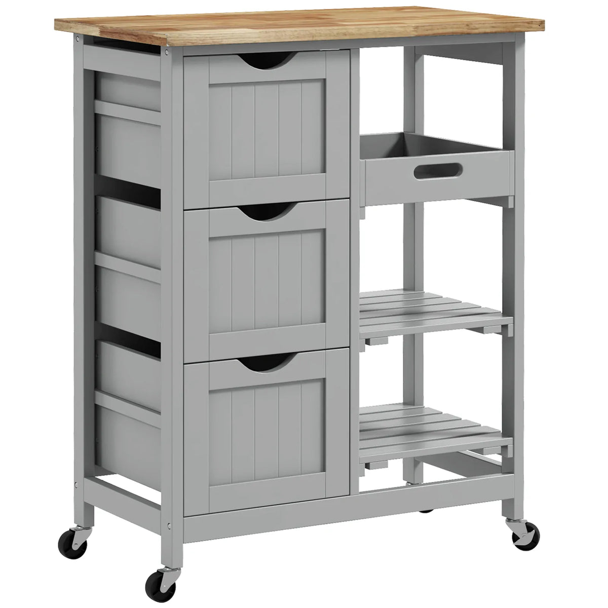 HOMCOM Rolling Kitchen Island Cart with Wood Top, 3 Drawers, 3 Shelves & Side Tray – Serving Trolley, Grey