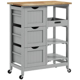 HOMCOM Rolling Kitchen Island Cart with Wood Top, 3 Drawers, 3 Shelves & Side Tray – Serving Trolley, Grey