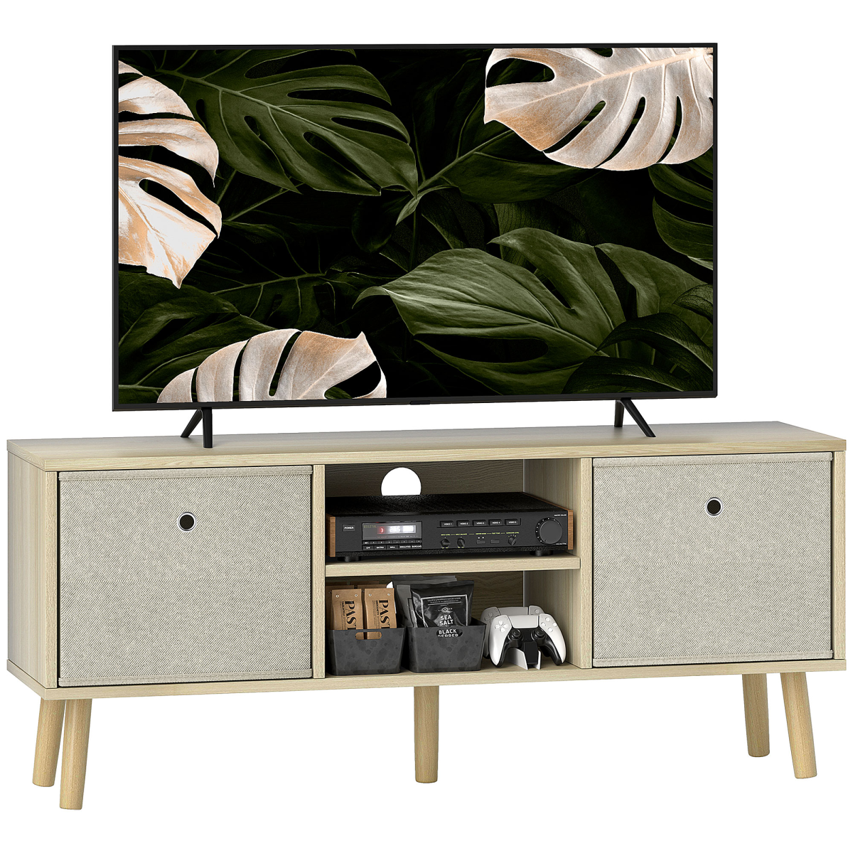 HOMCOM Modern TV Cabinet Stand with Two Removable Fabric Drawers and Shelves – Bedroom Media Unit, Natural
