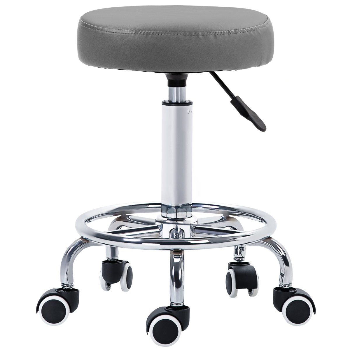 Vinsetto Round PU Leather Salon Stool with Footrest and Adjustable Height – 5 Wheels, Backless Design, Grey
