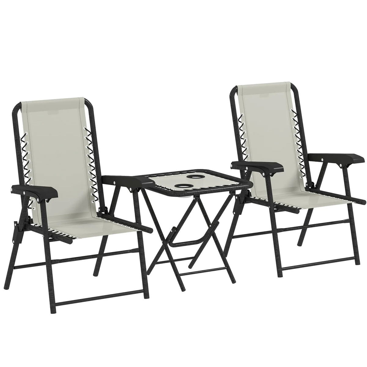 Outsunny Three-Piece Folding Garden Bistro Set with Two Armchairs and Mesh-Top Table – Patio Furniture, Cream White