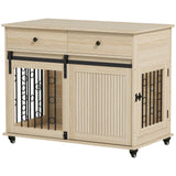 PawHut Dog Crate Furniture on Wheels with Two Drawers – Side Table Kennel for Medium and Large Dogs, Oak