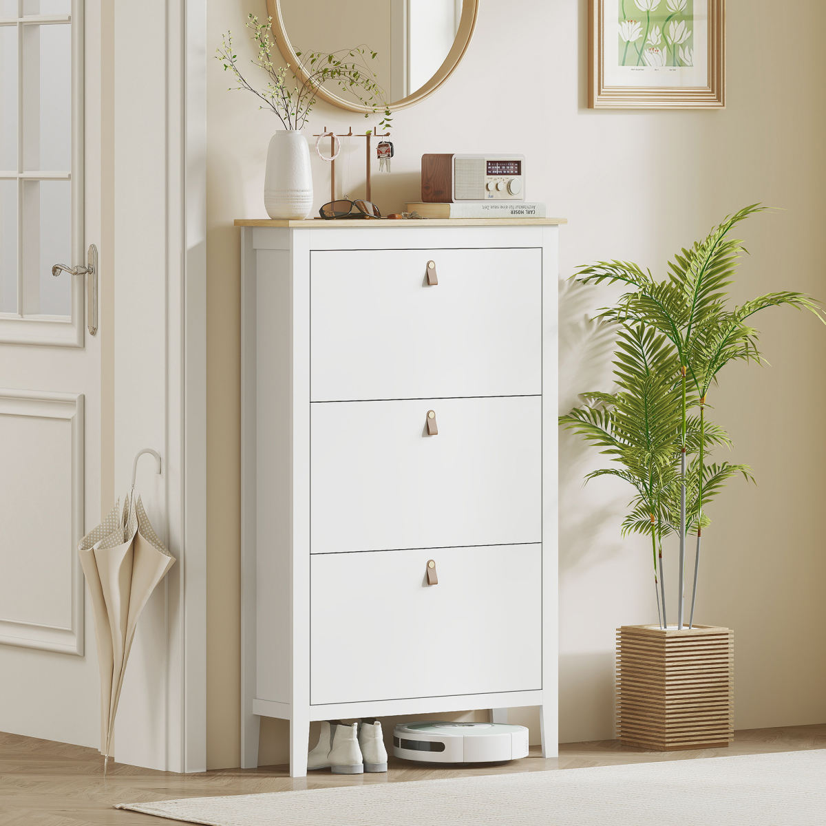 3-Drawer Shoe Cabinet with Flip Drawers for 21 Pairs – Slim Hallway Shoe Storage, White and Oak