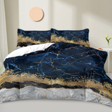 Marble Print Duvet Cover Set with 2 Pillowcases – White Marble and Gilded Navy Blue Design, Double