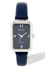Ravel Ladies Rectangular Silver-Tone Watch with Blue Faux Leather Strap