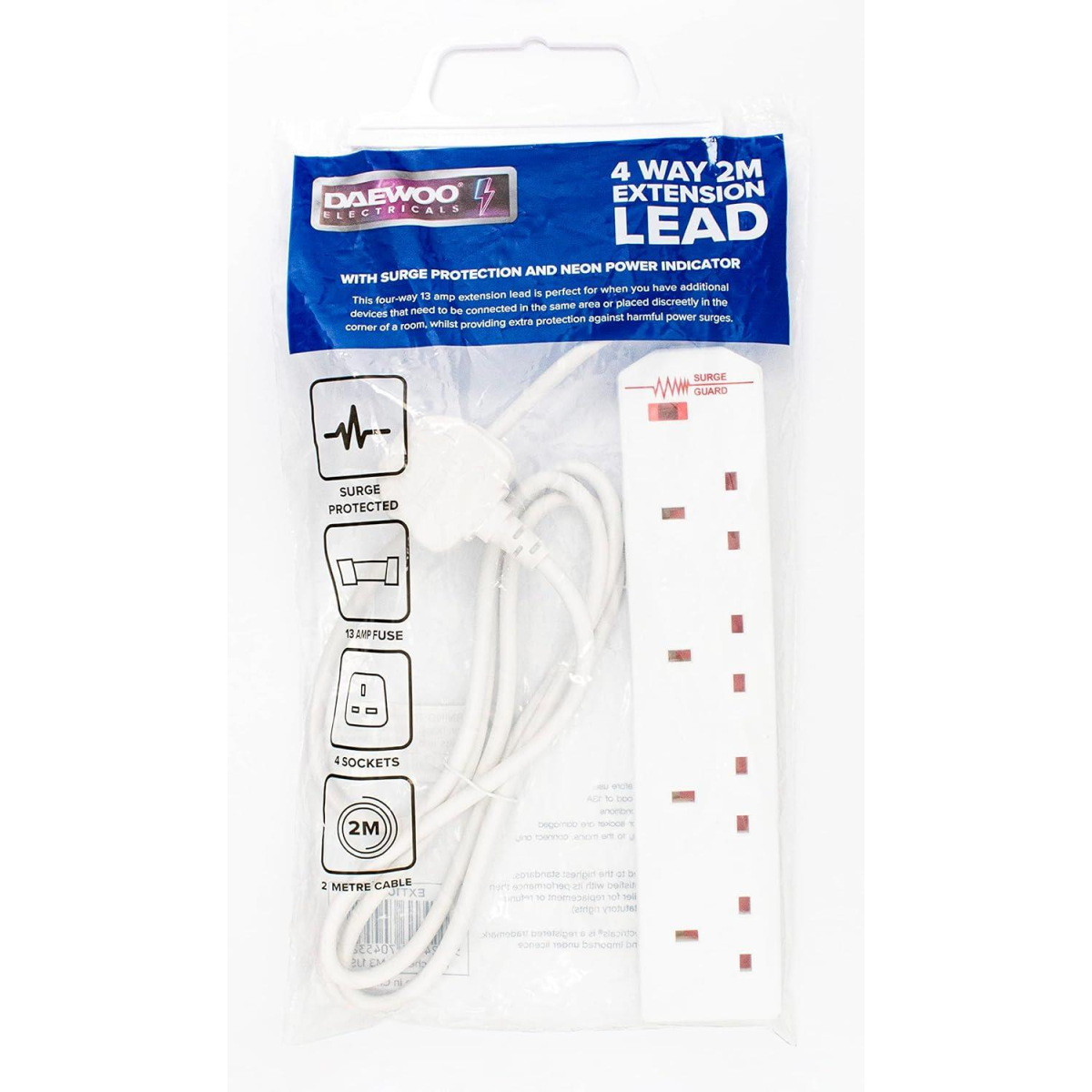 Daewoo 4 Socket Individually Switched Extension Lead with Neon Indicator – 2m Cable